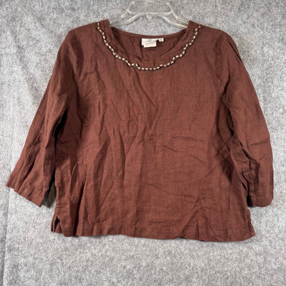 Hot Cotton Womens Linen Shirt Size Med Brown Boho USA Beaded Natural Lagenlook